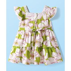 Babyhug Single Jersey Knit Frill Sleeves Dress With Floral Print & Lace Detailing - Green