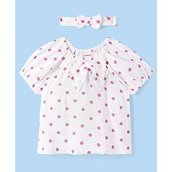 Babyhug Rayon Woven Half Raglan Sleeves Polka Dots Printed Top with Bow Applique & Headband - White