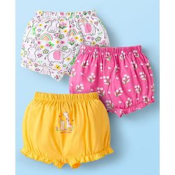 Babyhug 100% Cotton Single Jersey Knit Bloomers With Floral & Animal Print Pack Of 3 - Pink White & Yellow