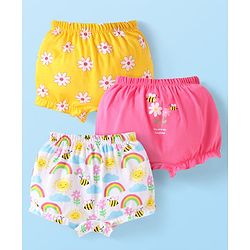 Babyhug 100% Cotton Knit Bloomers with Floral & Honeybees Print Pack of 3 - Yellow Pink & White