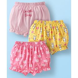 Babyhug 100% Cotton Single Jersey Knit Bloomers With Floral & Bunny Print Pack Of 3 - Yellow & Pink