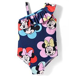Babyhug Disney Sleeveless V Cut Swimsuit With Frills Detailing Minnie Mouse Print - Navy Blue