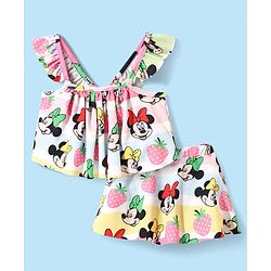 Babyhug Disney Sleeveless Two Piece Swimsuit With Minnie Mouse & Family Print - Multicolour