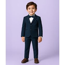 Babyhug Knit Full Sleeves Solid 3 Piece Party Suit With Bow - Navy Blue