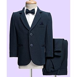 Babyhug Knit Full Sleeves Solid 3 Piece Party Suit With Bow - Navy Blue