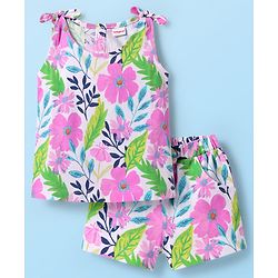 Babyhug Single Jersey Knit Sleeveless Top & Shorts Co-Ord Set With Floral Print - White