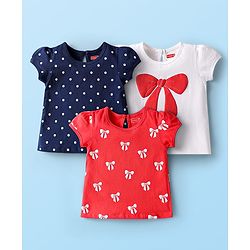 Babyhug Cotton Knit Half Sleeves T-Shirts with Polka Dots & Bow Print Pack of 3 - Red Navy Blue & White