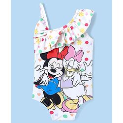 Babyhug Disney Sleeveless V Cut Swimsuit With Minnie Mouse And Family Print & Bow Applique - White