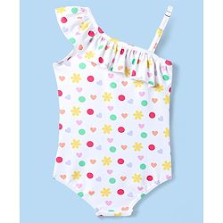 Babyhug Disney Sleeveless V Cut Swimsuit With Minnie Mouse And Family Print & Bow Applique - White