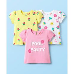 Babyhug Cotton Knit Half Sleeves T-Shirts With Tropical Print  Pack Of 3 -Yellow &  Pink