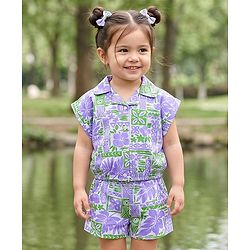 Babyhug 100% Cotton Single Jersey Knit Half Sleeves Co-ords Top & Shorts Set with Tropical Theme Print - Lavender