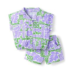 Babyhug 100% Cotton Single Jersey Knit Half Sleeves Co-ords Top & Shorts Set with Tropical Theme Print - Lavender