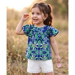 Babyhug Cotton Woven Half Frill Sleeves Floral Printed Top & Shorts Set - White & Blue