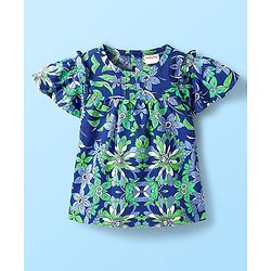 Babyhug Cotton Woven Half Frill Sleeves Floral Printed Top & Shorts Set - White & Blue