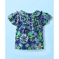 Babyhug Cotton Woven Half Frill Sleeves Floral Printed Top & Shorts Set - White & Blue