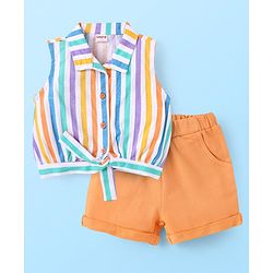 Babyhug Single Jersey Knit Sleeveless Collared Top & Shorts with Stripes & Knot Detailing - Orange