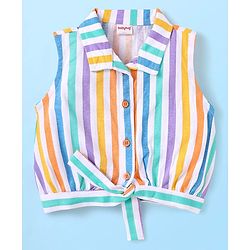 Babyhug Single Jersey Knit Sleeveless Collared Top & Shorts with Stripes & Knot Detailing - Orange