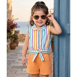 Babyhug Single Jersey Knit Sleeveless Collared Top & Shorts with Stripes & Knot Detailing - Orange