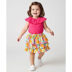 Babyhug Cotton Knit Cap Sleeves Top & Skirt With Floral Print - Dark Pink
