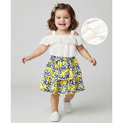Babyhug Single Jersey Knit Sleeveless Schiffli Top & Skirt Set With Floral Print - White & Yellow