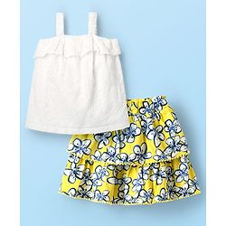 Babyhug Single Jersey Knit Sleeveless Schiffli Top & Skirt Set With Floral Print - White & Yellow