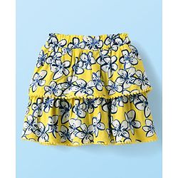 Babyhug Single Jersey Knit Sleeveless Schiffli Top & Skirt Set With Floral Print - White & Yellow