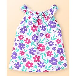 Babyhug Single Jersey Knit Sleeveless Top & Shorts Set with Floral Print - Purple & White
