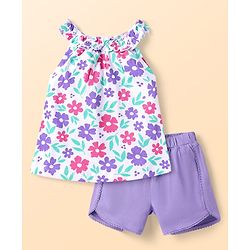 Babyhug Single Jersey Knit Sleeveless Top & Shorts Set with Floral Print - Purple & White