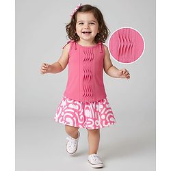 Babyhug Single Jersey Knit Singlet Sleeves Top & Skirt Set with Abstract Print - Pink