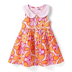 Babyhug Cotton Woven Sleeveless Peter Pan Collared  Front Open Frock with Floral Print - Orange
