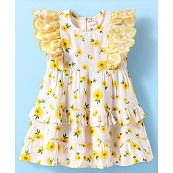 Babyhug Cotton Woven Frill Sleeves Frock With Floral Print - White