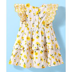 Babyhug Cotton Woven Frill Sleeves Frock With Floral Print - White