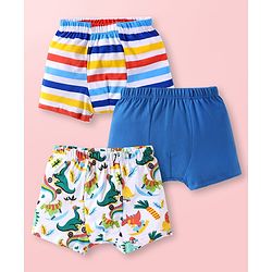 Babyhug 100% Cotton Knit Trunks with Stripes & Dino Print Pack of 3 - Blue White & Red