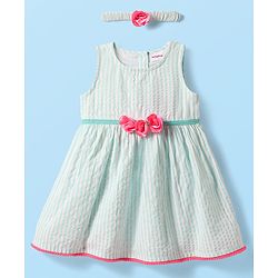 Babyhug Cotton Woven Sleeveless Striped Frock with Floral Applique & Headband - Mint Green & Pink