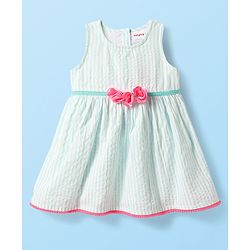 Babyhug Cotton Woven Sleeveless Striped Frock with Floral Applique & Headband - Mint Green & Pink