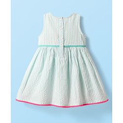 Babyhug Cotton Woven Sleeveless Striped Frock with Floral Applique & Headband - Mint Green & Pink