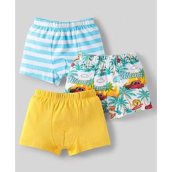 Babyhug 100% Cotton Single Jersey Knit Trunks With Stripes & Tropical Theme Print Pack Of 3 - Yellow White & Sky Blue
