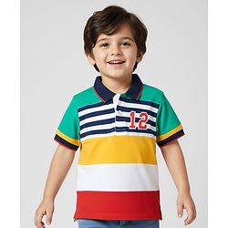 Babyhug Cotton Knit Half Sleeves Cut & Sew Polo T-Shirt With Stripes - Yellow & Red