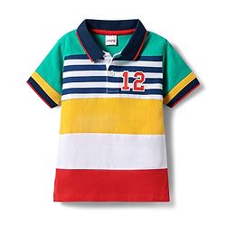Babyhug Cotton Knit Half Sleeves Cut & Sew Polo T-Shirt With Stripes - Yellow & Red