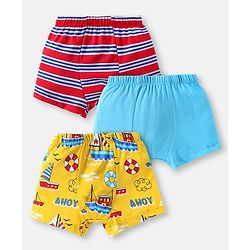 Babyhug 100% Single Jersey Cotton Knit Trunks with Stripes & Nautical Theme Print Pack of 3 - Red Blue & Yellow
