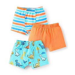 Babyhug 100% Cotton Single Jersey Knit Trunk With Stripes & Dino Print Pack Of 3 - Orange & Light Blue