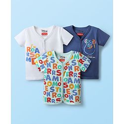Babyhug Disney Interlock Knit Half Sleeves Front Open Jhablas with Monster INC Graphics Pack of 3 - White Mint & Navy Blue