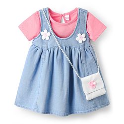 Babyhug Cotton Knit  Half Sleeves Frock & Inner T-Shirt With Floral Applique - Pink & Blue