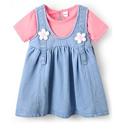 Babyhug Cotton Knit  Half Sleeves Frock & Inner T-Shirt With Floral Applique - Pink & Blue