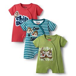 Babyhug Disney Interlock Knit Half Sleeves Front Open Rompers With Chip N Dale Graphics Pack of 3 - Green Blue & Red
