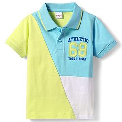 Babyhug Cotton Knit Half Sleeves Cut & Sew Polo T-Shirt With Athletic Text Embroidery - Limegreen & Light Blue