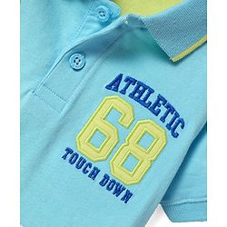 Babyhug Cotton Knit Half Sleeves Cut & Sew Polo T-Shirt With Athletic Text Embroidery - Limegreen & Light Blue
