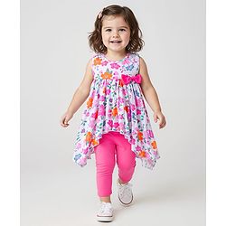Babyhug Single Jersey Knit Sleeveless Top & Leggings Set with Floral Print & Bow Applique - Pink & White