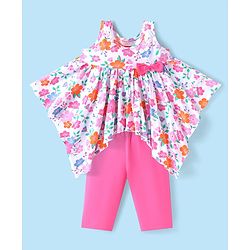 Babyhug Single Jersey Knit Sleeveless Top & Leggings Set with Floral Print & Bow Applique - Pink & White