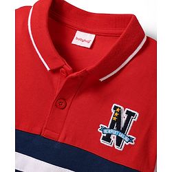 Babyhug Cotton Knit Half Sleeves Cut & Sew Polo T-Shirt With Stripes & Newport Patch Embroidery - Red